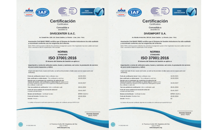Divemotor Certificación ISO 37001:2016 